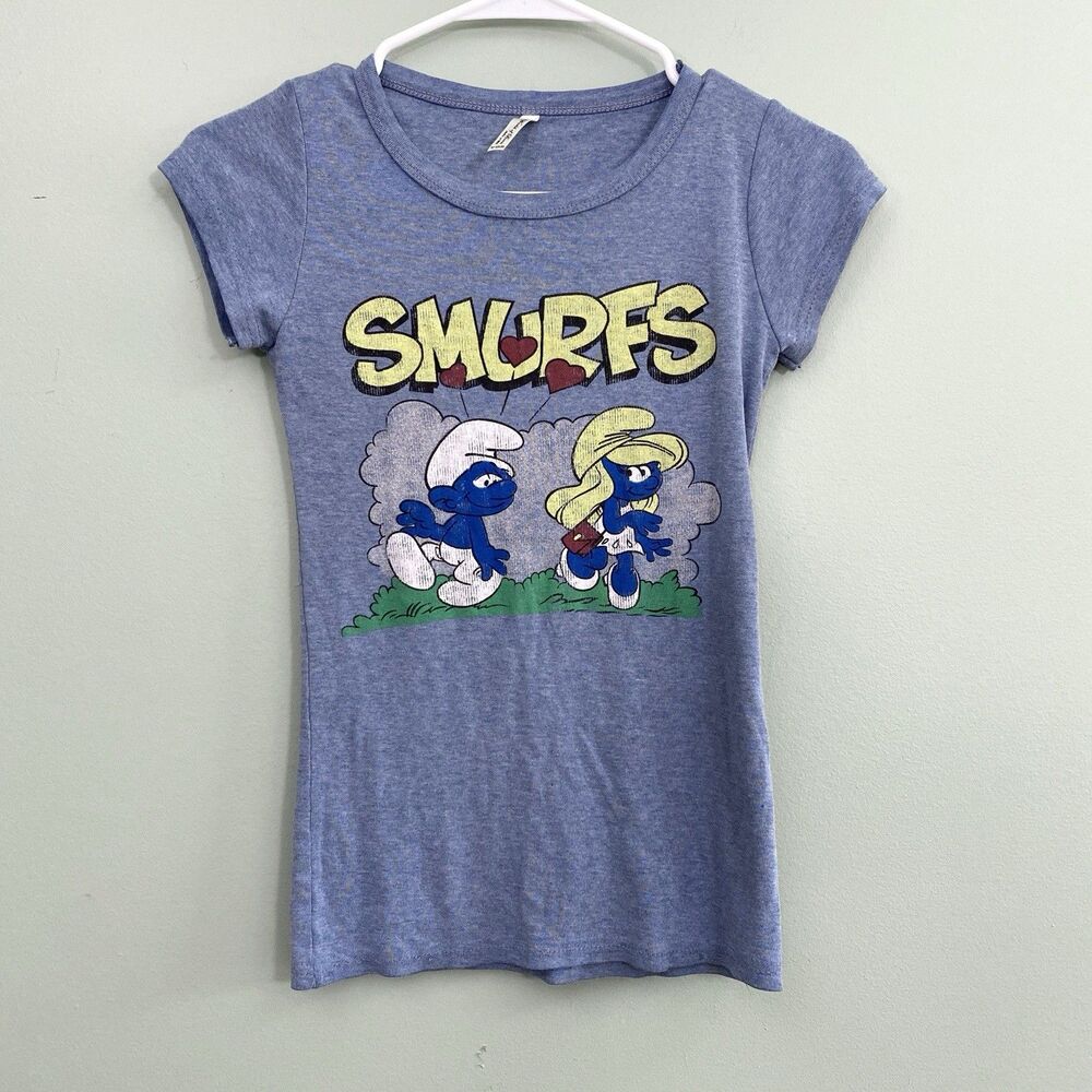 Smurfs Baby Tee T-Shirt Smurfette Juniors XS/S Blue Gray Retro Stretch